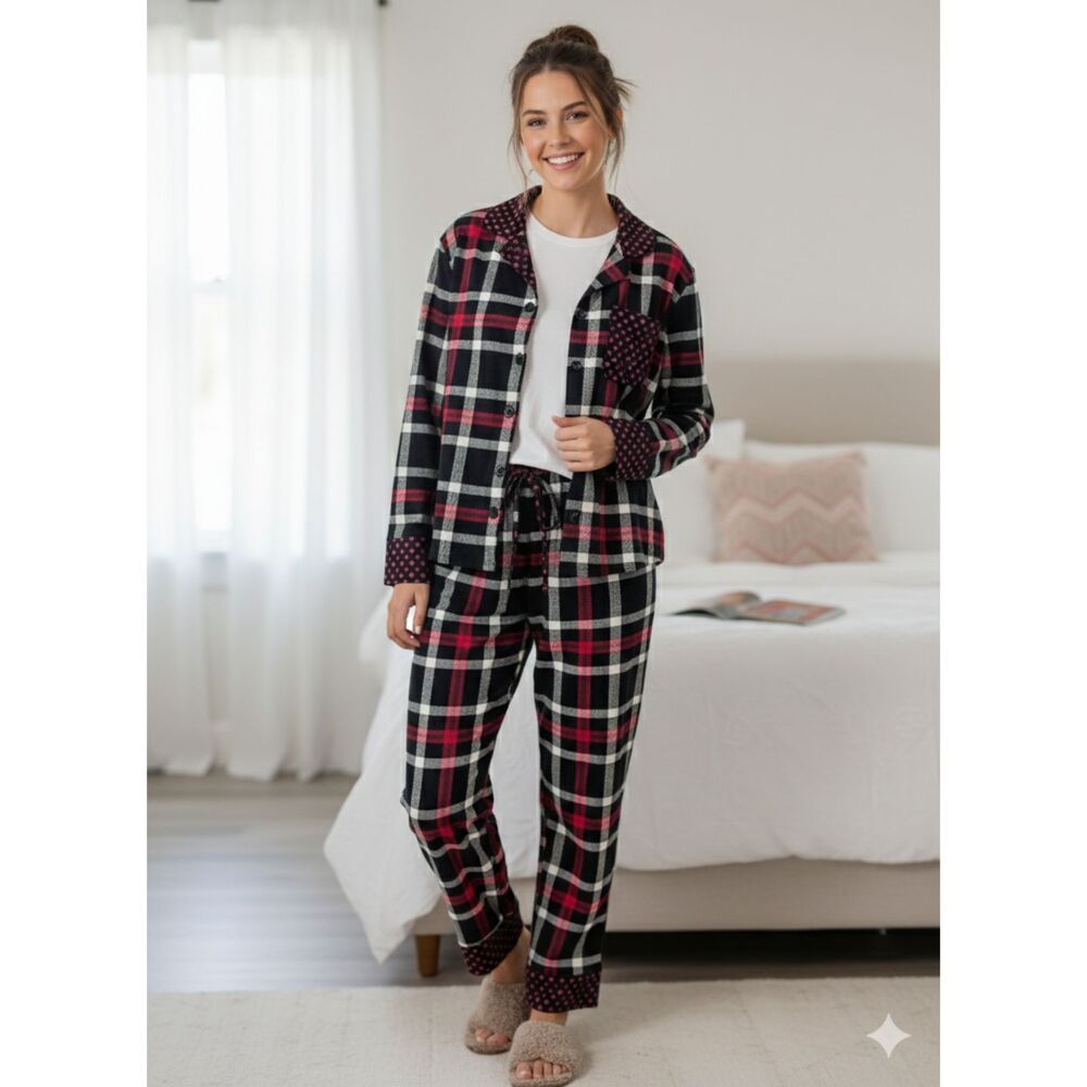 🛌 Vera Bradley Plaid Pajama Set Size M Floral Trim Pockets Drawstring NWT